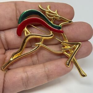 Danecraft Goldtone Raindeer With Red And Green Scarf Christmas Holiday Brooch